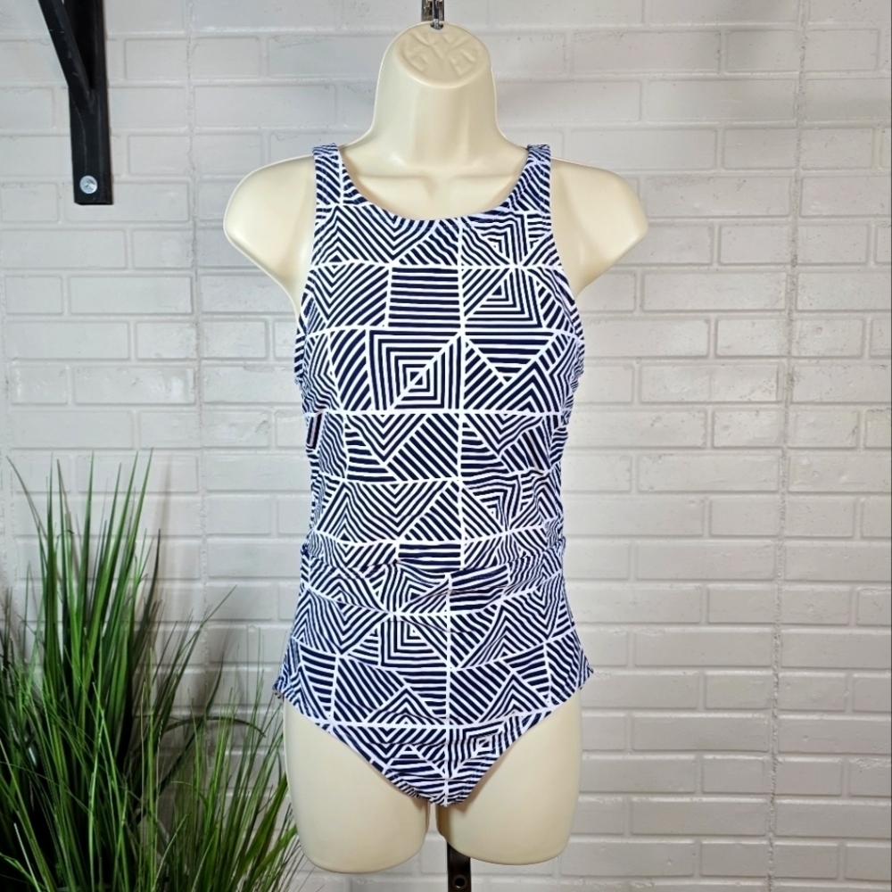 Cole Of California White Blue Geometric Patterned One Piece Swimsuit Size 8